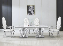 RDT308SMW 7PC Dining Set Modern Style White Marble Top Stainless Steel & Silver Finish by Artisan Furniture