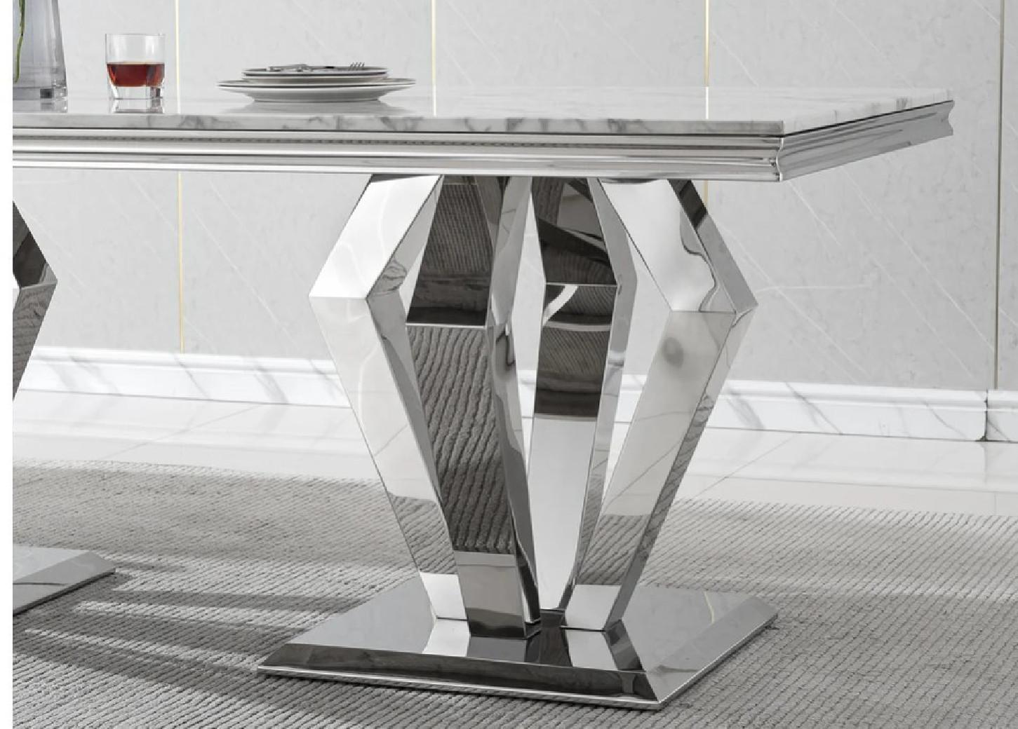 RDT308SMW 7PC Dining Set Modern Style White Marble Top Stainless Steel & Silver Finish by Artisan Furniture