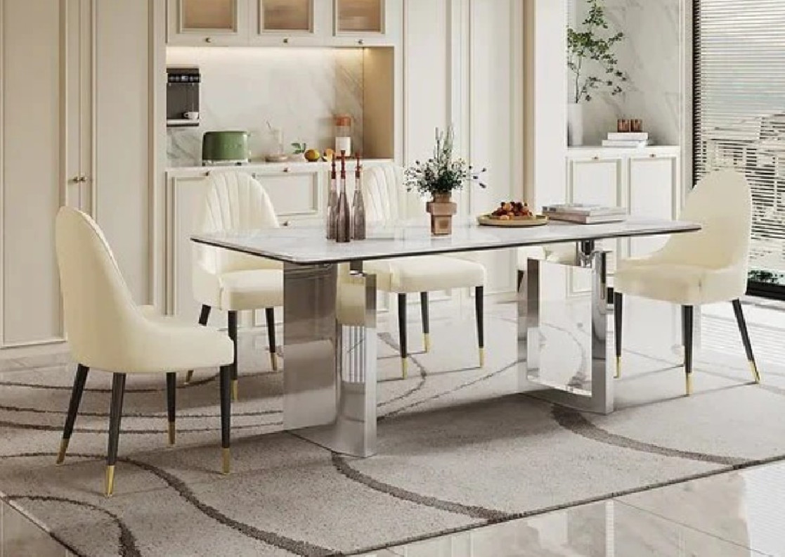 DT511SW 7PC Dining Set Modern Style White Rock Table Top Stainless Steel Silver Finish by Artisan Furniture