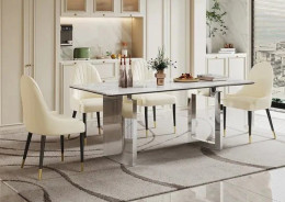 DT511SW 7PC Dining Set Modern Style White Rock Table Top Stainless Steel Silver Finish by Artisan Furniture