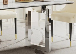 DT511SW 7PC Dining Set Modern Style White Rock Table Top Stainless Steel Silver Finish by Artisan Furniture