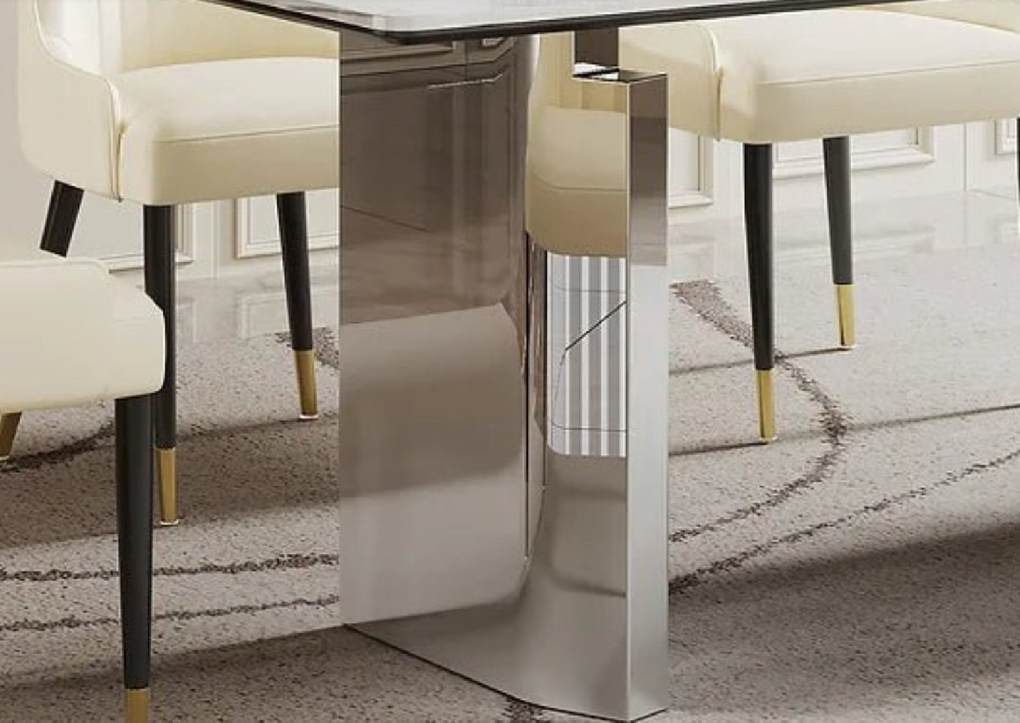 DT511SW 7PC Dining Set Modern Style White Rock Table Top Stainless Steel Silver Finish by Artisan Furniture