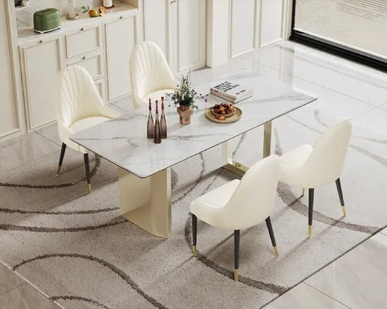 DT511GW 7PC Dining Set Modern Style White Rock Table Top  Stainless Steel Gold Finish by Artisan Furniture