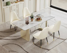 DT511GW 7PC Dining Set Modern Style White Rock Table Top  Stainless Steel Gold Finish by Artisan Furniture