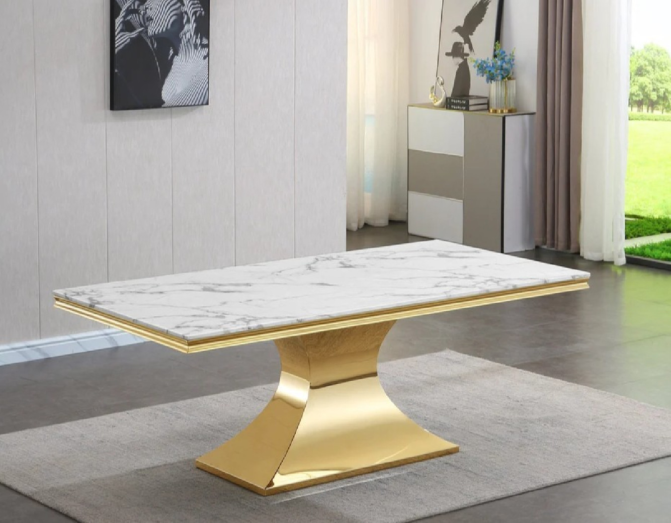 RDT335GM 7PC Dining Set Modern Style White Marble Top Stainless Steel & Gold Finish by Artisan Furniture