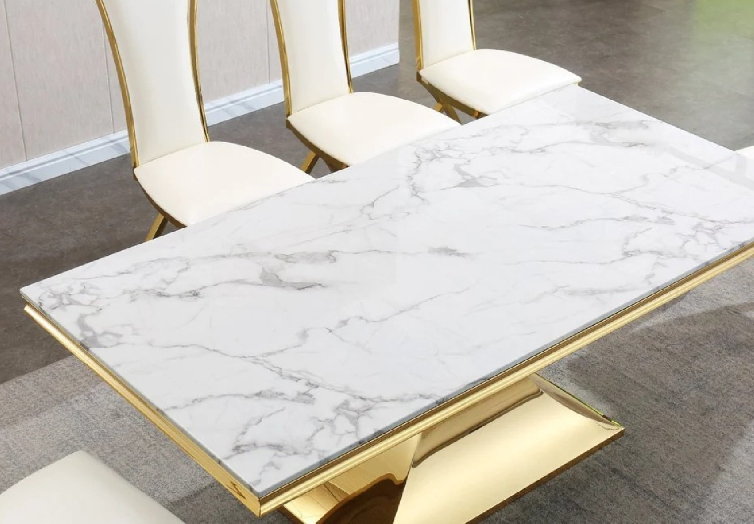 RDT335GM 7PC Dining Set Modern Style White Marble Top Stainless Steel & Gold Finish by Artisan Furniture