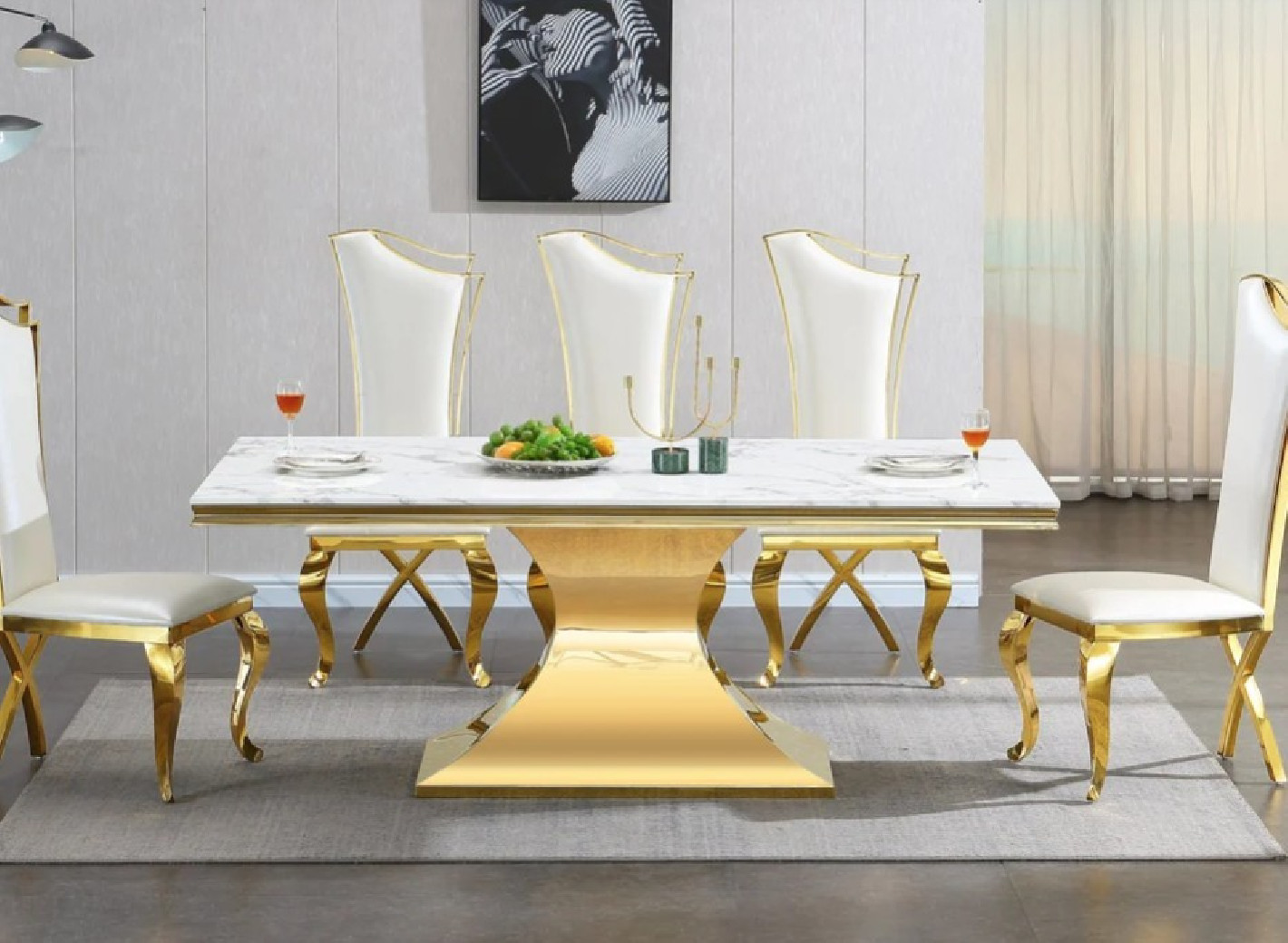 RDT335GM 7PC Dining Set Modern Style White Marble Top Stainless Steel & Gold Finish by Artisan Furniture