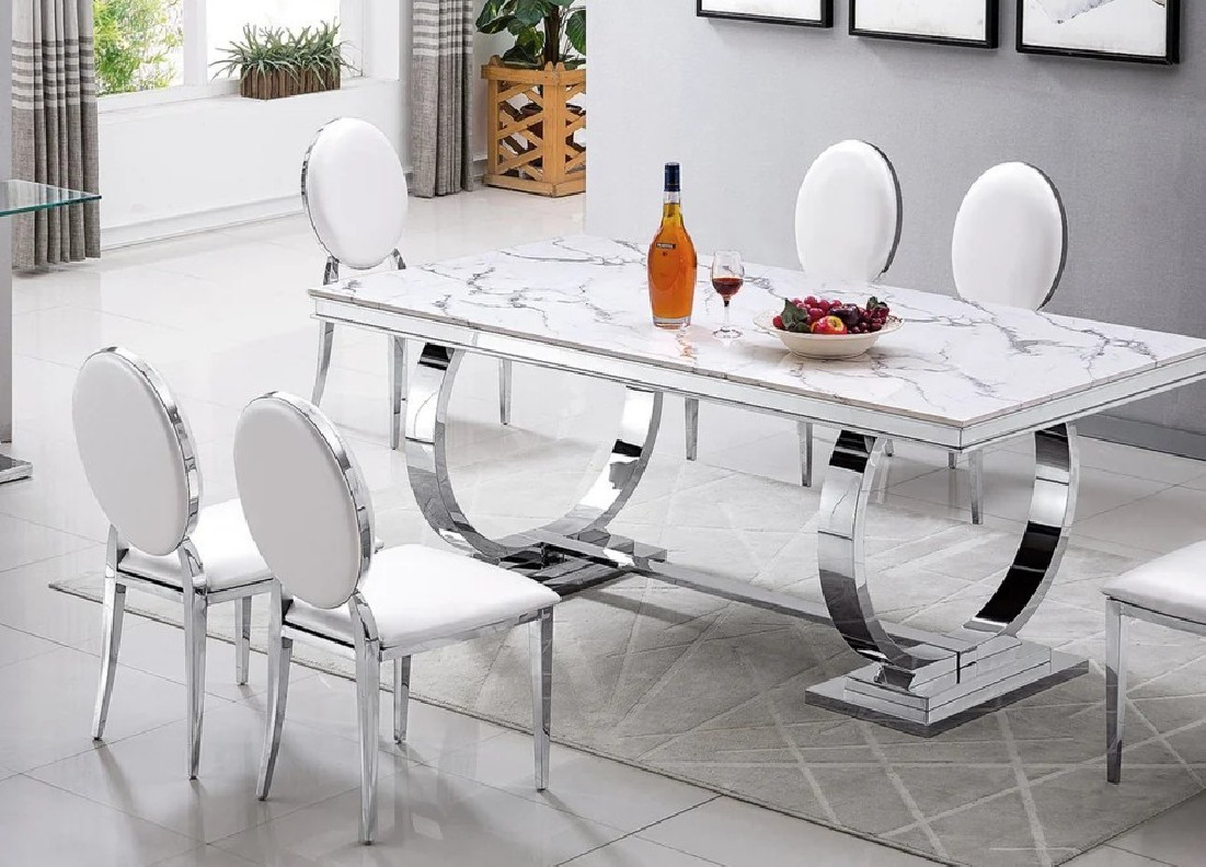 RDT316SM 7PC Dining Set Modern Style White Marble Top Stainless Steel & Silver Finish by Artisan Furniture