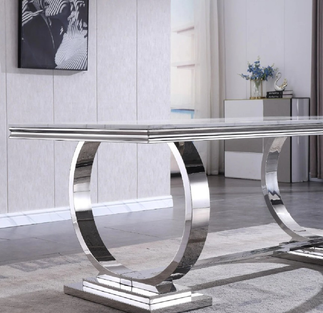 RDT316SM 7PC Dining Set Modern Style White Marble Top Stainless Steel & Silver Finish by Artisan Furniture