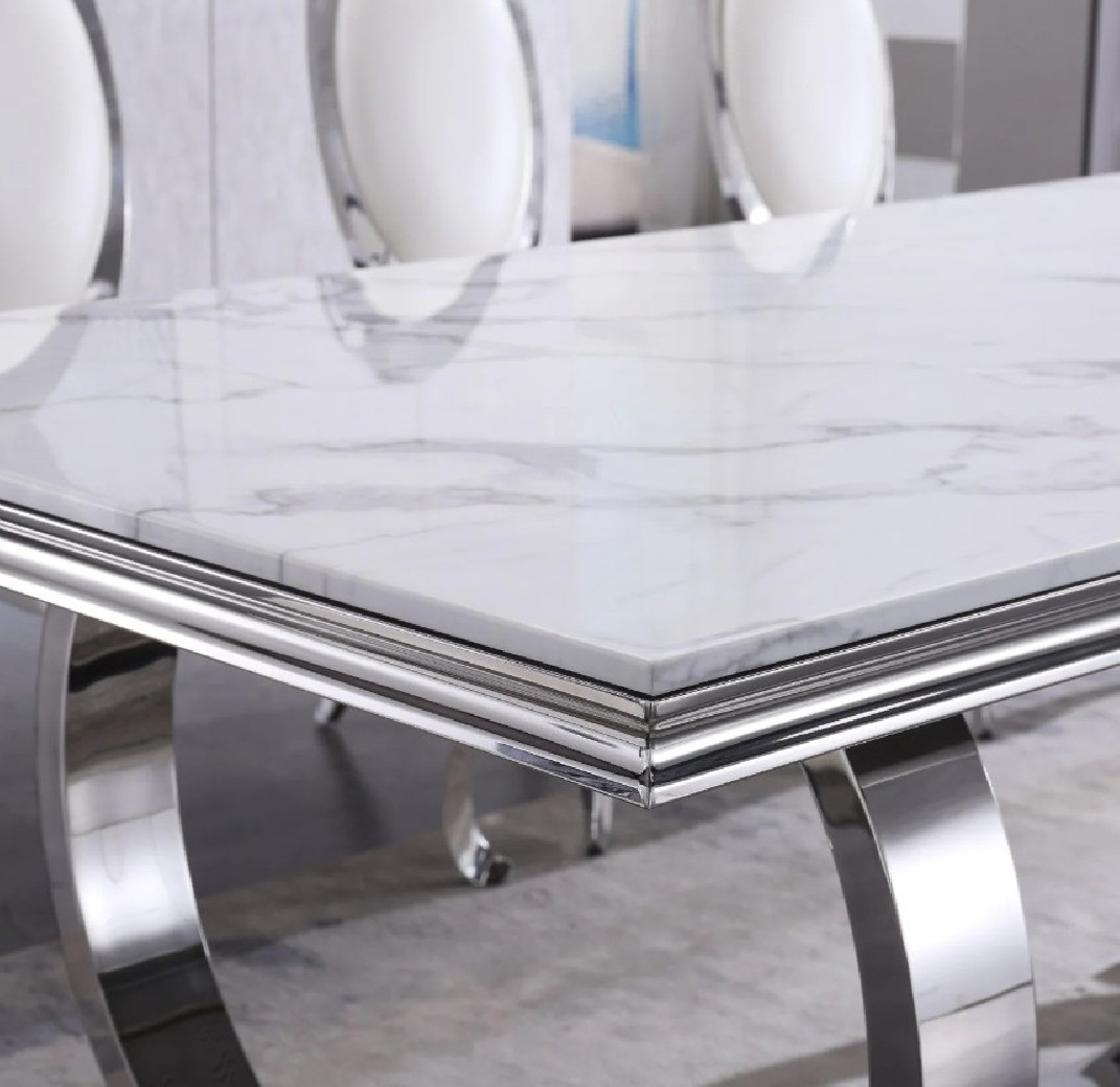RDT316SM 7PC Dining Set Modern Style White Marble Top Stainless Steel & Silver Finish by Artisan Furniture