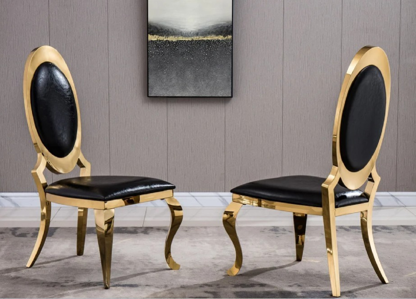 DT3102GMB 7PC Dining Set Modern Style Black Marble Top Stainless Steel & Gold Finish by Artisan Furniture