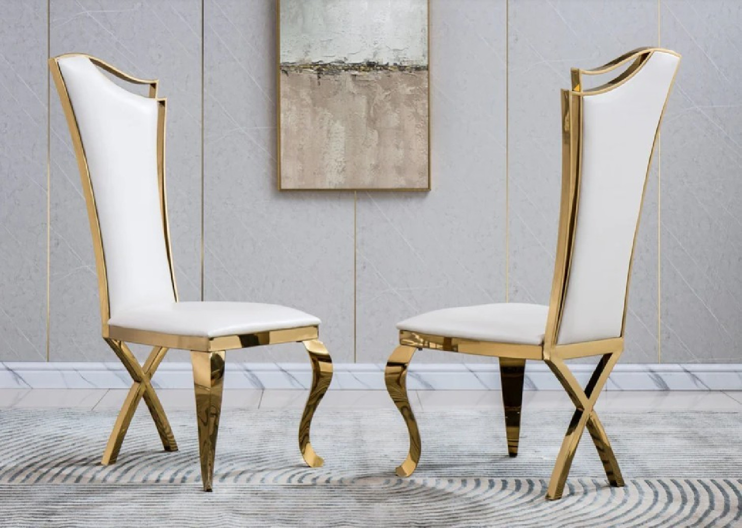 RDT335GM 7PC Dining Set Modern Style White Marble Top Stainless Steel & Gold Finish by Artisan Furniture