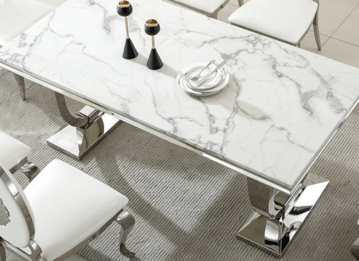 DT317SMW 7PC Dining Set Modern Style White Marble Top Stainless Steel & Silver Finish by Artisan Furniture
