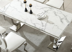 DT317SMW 7PC Dining Set Modern Style White Marble Top Stainless Steel & Silver Finish by Artisan Furniture