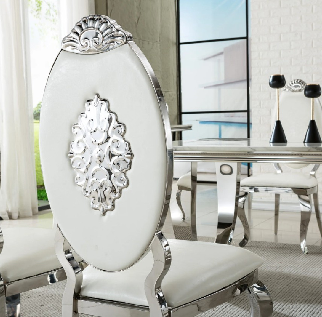 DT317SMW 7PC Dining Set Modern Style White Marble Top Stainless Steel & Silver Finish by Artisan Furniture