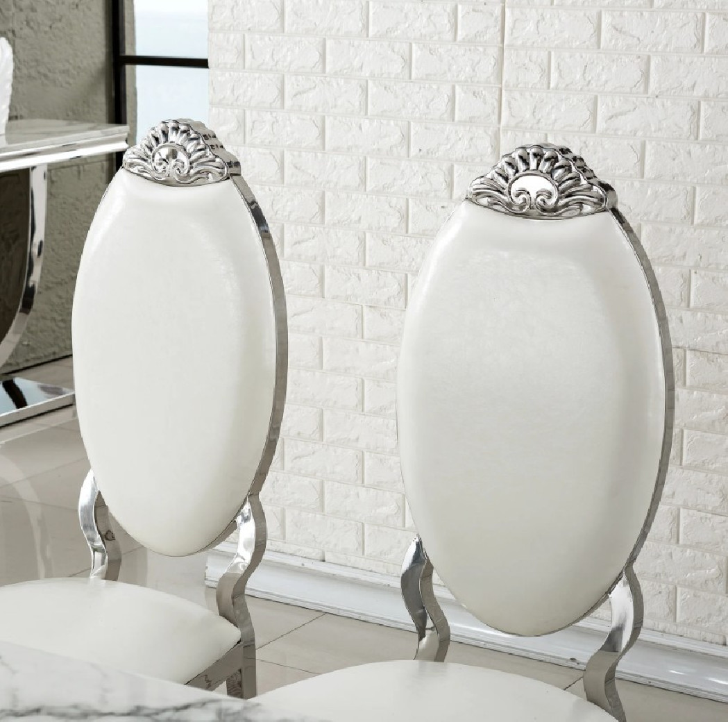 DT317SMW 7PC Dining Set Modern Style White Marble Top Stainless Steel & Silver Finish by Artisan Furniture