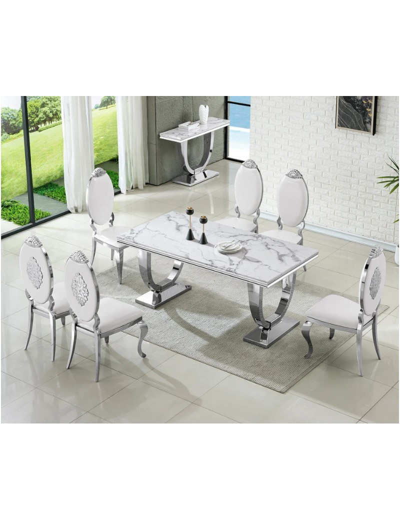 DT317SMW 7PC Dining Set Modern Style White Marble Top Stainless Steel & Silver Finish by Artisan Furniture