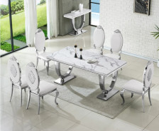 DT317SMW 7PC Dining Set Modern Style White Marble Top Stainless Steel & Silver Finish by Artisan Furniture