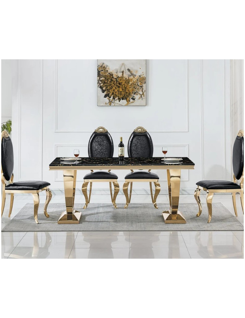 DT317 7PC Dining Set Modern Style Black Marble Top Stainless Steel & Gold Finish by Artisan Furniture