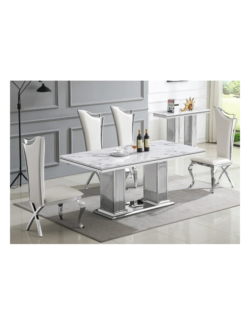 DT301SM 7PC Dining Set Modern Style White Marble Top Stainless Steel & Silver Finish by Artisan Furniture