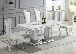 DT301SM 7PC Dining Set Modern Style White Marble Top Stainless Steel & Silver Finish by Artisan Furniture