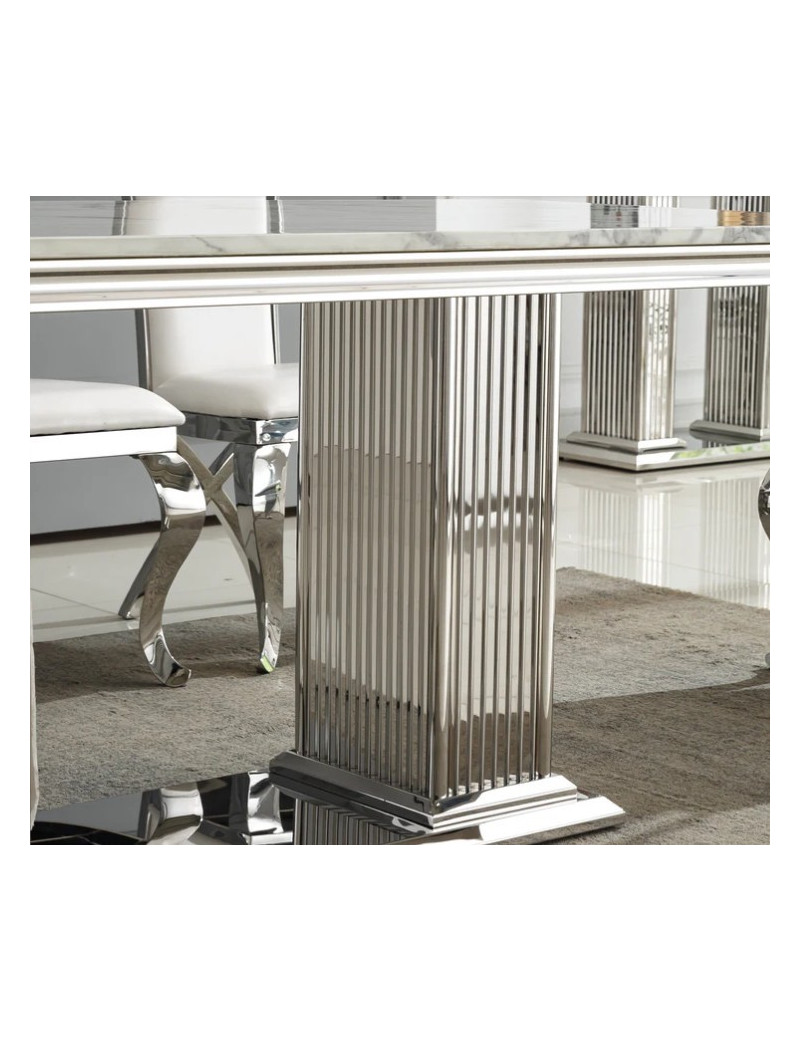 DT301SM 7PC Dining Set Modern Style White Marble Top Stainless Steel & Silver Finish by Artisan Furniture