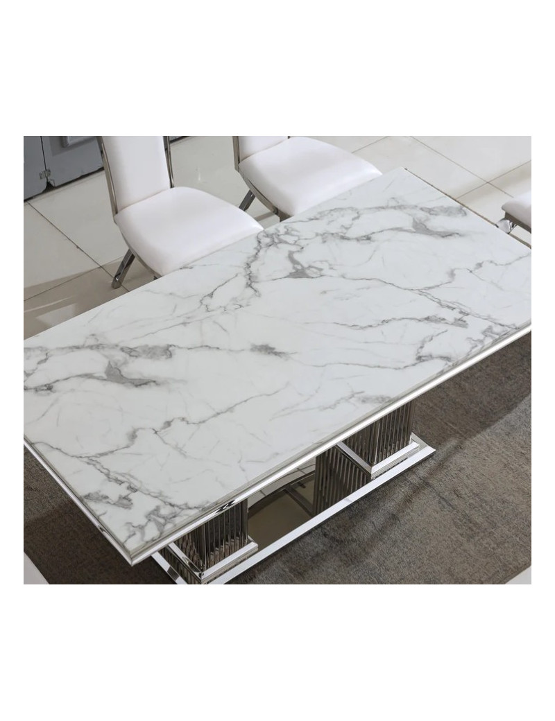 DT301SM 7PC Dining Set Modern Style White Marble Top Stainless Steel & Silver Finish by Artisan Furniture