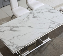 DT301SM 7PC Dining Set Modern Style White Marble Top Stainless Steel & Silver Finish by Artisan Furniture