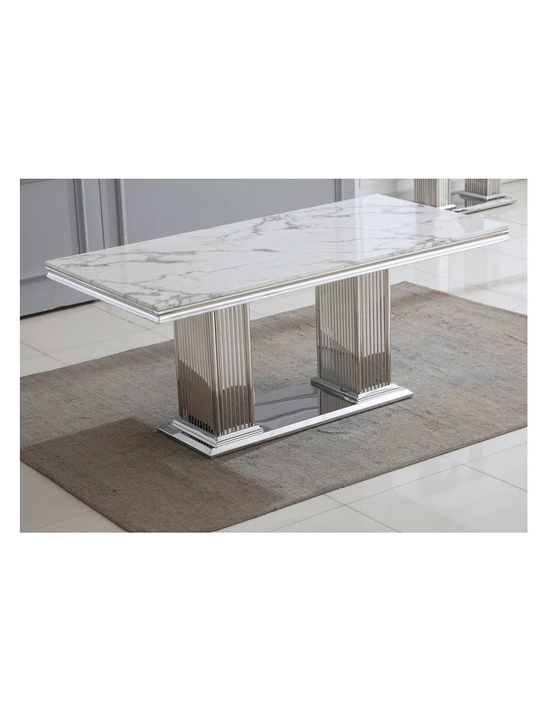 DT301SM 7PC Dining Set Modern Style White Marble Top Stainless Steel & Silver Finish by Artisan Furniture