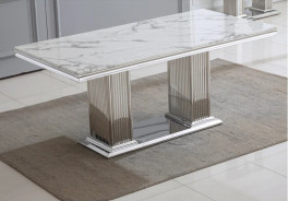 DT301SM 7PC Dining Set Modern Style White Marble Top Stainless Steel & Silver Finish by Artisan Furniture