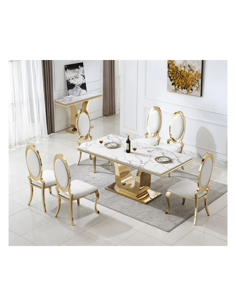 DT3102 7PC Dining Set Modern Style White Marble Top Stainless Steel & Gold Finish by Artisan Furniture