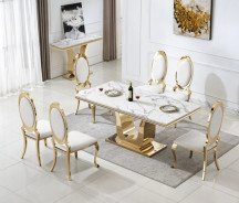 DT3102 7PC Dining Set Modern Style White Marble Top Stainless Steel & Gold Finish by Artisan Furniture