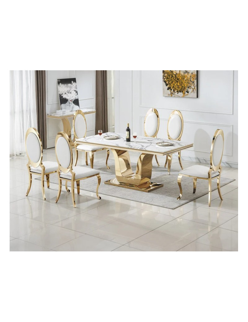 DT3102 7PC Dining Set Modern Style White Marble Top Stainless Steel & Gold Finish by Artisan Furniture