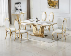 DT3102 7PC Dining Set Modern Style White Marble Top Stainless Steel & Gold Finish by Artisan Furniture