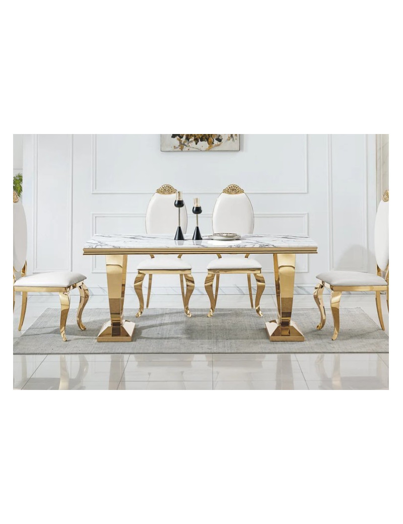 DT317 7PC Dining Set Modern Style White Marble Top Stainless Steel & Gold Finish by Artisan Furniture