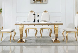 DT317 7PC Dining Set Modern Style White Marble Top Stainless Steel & Gold Finish by Artisan Furniture