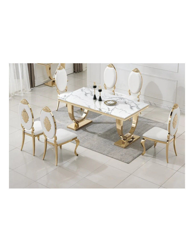 DT317 7PC Dining Set Modern Style White Marble Top Stainless Steel & Gold Finish by Artisan Furniture