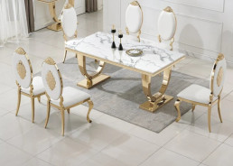DT317 7PC Dining Set Modern Style White Marble Top Stainless Steel & Gold Finish by Artisan Furniture