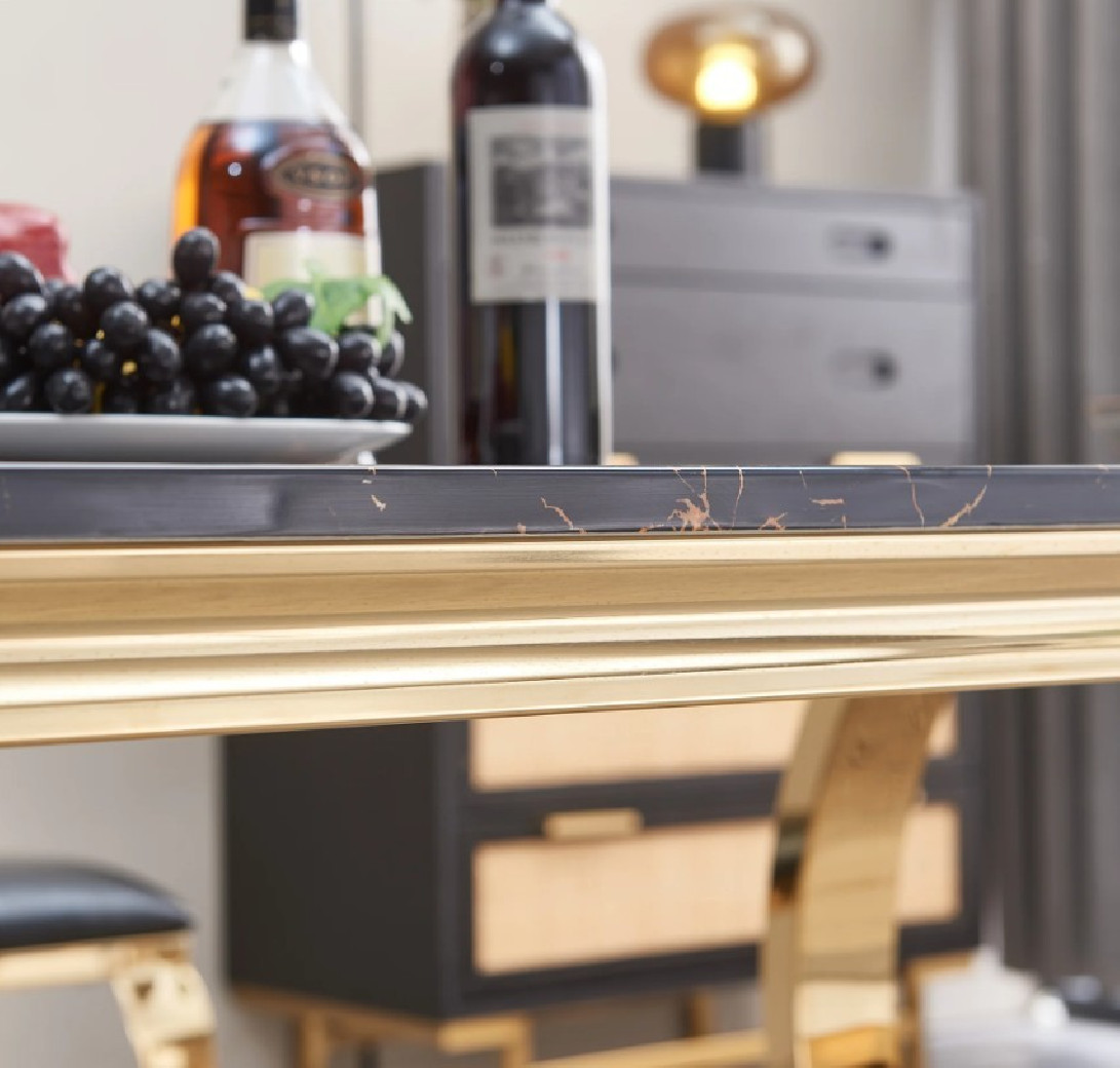 RDT316GMB 7PC Dining Set Modern Style Black Marble Top Stainless Steel & Gold Finish by Artisan Furniture