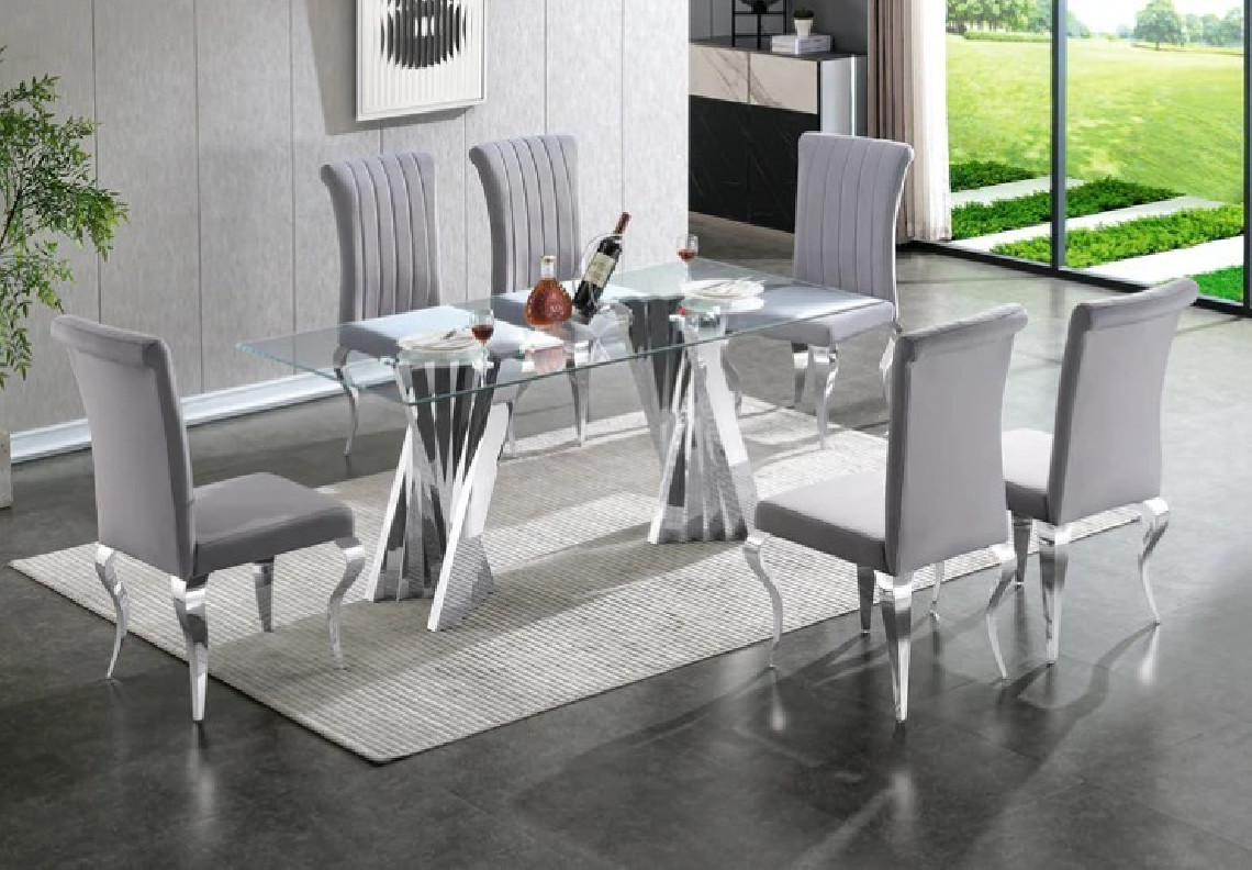 DT031 7PC Dining Set Modern Style Clear Tempered Glass Stainless Steel Silver Finish by Artisan Furniture