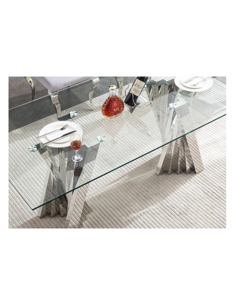 DT031 7PC Dining Set Modern Style Clear Tempered Glass Stainless Steel Silver Finish by Artisan Furniture