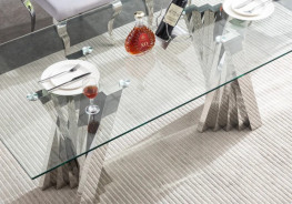 DT031 7PC Dining Set Modern Style Clear Tempered Glass Stainless Steel Silver Finish by Artisan Furniture