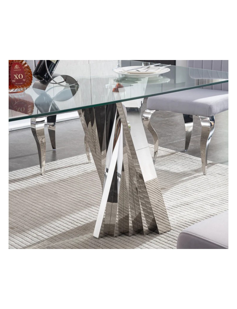 DT031 7PC Dining Set Modern Style Clear Tempered Glass Stainless Steel Silver Finish by Artisan Furniture