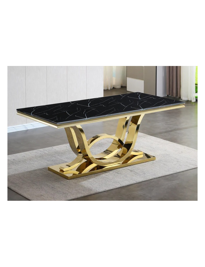 RDT315GMB 7PC Dining Set Modern Style Black Marble Top Stainless Steel Gold Mirrored Finish By Artisan Furniture