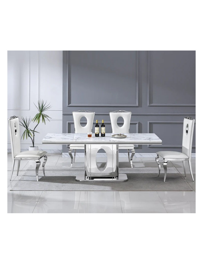 DT318 7PC Dining Set Modern Style White Marble Top Stainless Steel & Silver Finish by Artisan Furniture