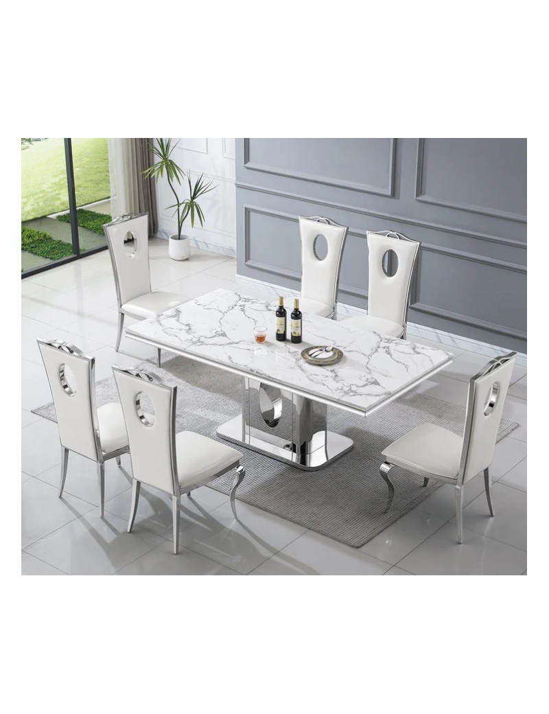 DT318 7PC Dining Set Modern Style White Marble Top Stainless Steel & Silver Finish by Artisan Furniture