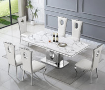 DT318 7PC Dining Set Modern Style White Marble Top Stainless Steel & Silver Finish by Artisan Furniture