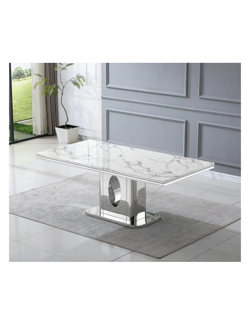 DT318 7PC Dining Set Modern Style White Marble Top Stainless Steel & Silver Finish by Artisan Furniture