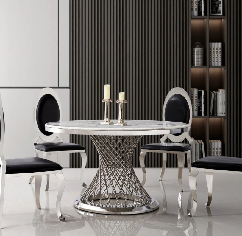 RDT330 5PC Dining Set Round white marble top Stainless Steel & Silver Finish by Artisan Furniture