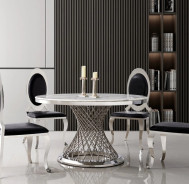 RDT330 5PC Dining Set Round white marble top Stainless Steel & Silver Finish by Artisan Furniture